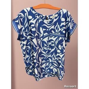 Loft Women's Silky Blouse Abstract Swirl Print Size M Blue & White Short Sleeve